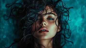 Woman with long hair and blue eyes is shown in a blue background. The image has a moody and mysterious feel to it photo
