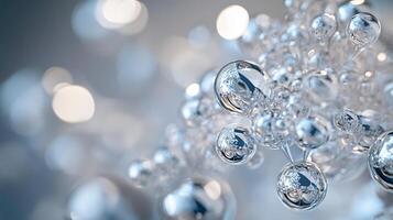 Cluster of shiny, metallic spheres that appear to be floating in mid-air. The spheres are arranged in a way that creates a sense of movement and energy photo