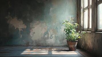 Plant in a pot sits in front of a window in a room with a grey wall. The plant is the only source of color in the room, and it casts a shadow on the floor. The room appears to be empty photo