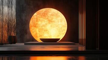Large orange ball sits in a bowl on a table. The scene is dimly lit, with a dark background and a window in the background. Scene is calm and serene, with the orange ball photo