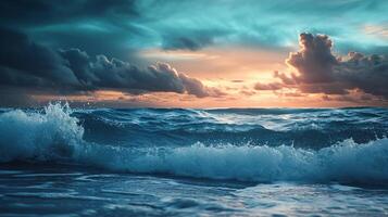 The ocean is calm and the sky is cloudy. The sun is setting and the water is reflecting the colors of the sky photo