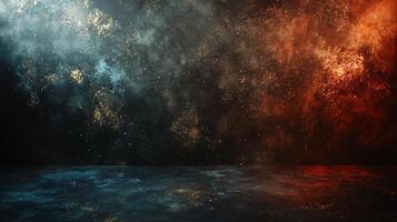 Dark room with a blue and red background. The blue background is a deep blue color and the red background is a deep red color. The room is empty and has a lot of space photo