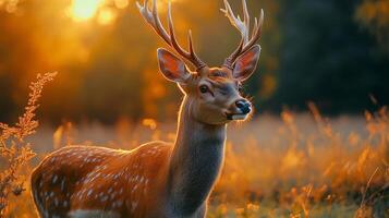 Deer stands in a field of tall grass, with the sun shining on it. The deer is looking to the right, and its antlers are visible. The scene is peaceful and serene photo