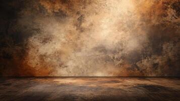 Large, empty room with a brown wall and a brown floor. The room is bare and empty, with no furniture or decorations. The walls are covered in a rough, textured paint that gives the room a rustic photo
