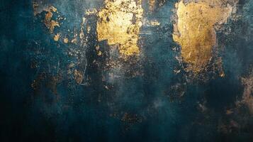 Painting of a wall with gold and blue paint splatters. The painting has a sense of chaos and disorder, with the gold and blue paint creating a sense of movement and energy. The painting is abstract photo