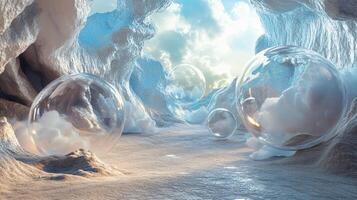 Scene of a cave with three large bubbles floating in the air. The bubbles are surrounded by a white background and the sky is cloudy photo