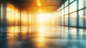 Large, empty room with a sunbeam shining through a window. The room is mostly empty, with only a few people visible in the background. The sunbeam casts a warm glow on the floor, creating a peaceful photo