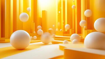 Yellow room with many white spheres floating around. The room is filled with a sense of chaos and disarray, as the spheres are scattered all over the space. The bright yellow walls photo