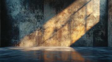 Large, empty room with a wall that is covered in rust. The wall is illuminated by the sun, casting a warm glow on the room. The room appears to be a warehouse or a storage area photo