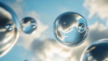 Series of clear, round bubbles floating in the air. The bubbles are scattered throughout the scene, with some closer to the foreground and others further away. Scene is light and playful photo