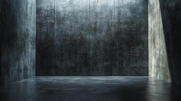 Large, empty room with a wall that is covered in graffiti. The room is dark and the walls are covered in graffiti photo