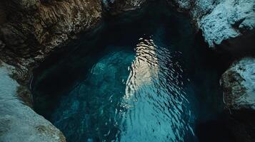 Deep blue pool with a reflection of the sky. The water is calm and still. The sky is cloudy and the sun is setting photo