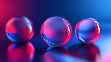 Three shiny, colorful spheres are reflected in a blue background. The spheres are arranged in a row, with the middle one slightly larger than the others. Scene is one of elegance and sophistication photo