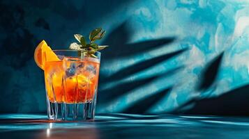 Glass of orange juice with a slice of lime on top. The glass is sitting on a table with a blue background photo