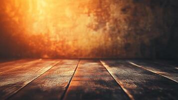 Wooden floor with a wall in the background. The wall is covered in a textured surface and the floor is made of wood. The room has a warm, rustic feel to it photo