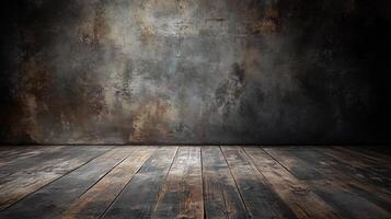 Large empty room with a wooden floor and a wall with a lot of texture. The room is bare and empty, with no furniture or decorations. The wooden floor and wall give the room a rustic and natural feel photo