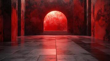 Red room with a red archway. The room is empty and the archway is the only thing visible photo