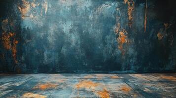 Wall with a blue background and orange splatters. The wall is empty and has a lot of texture photo