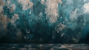Wall with a blue background and a lot of paint splatters. The wall is empty and has a lot of texture photo