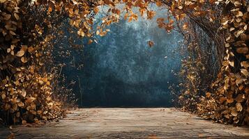 Large archway of leaves is shown in front of a blue wall. The leaves are scattered all over the ground, creating a sense of depth and dimension photo