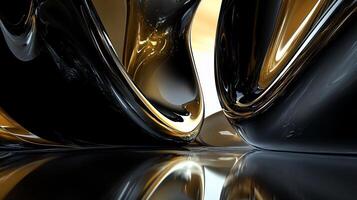 The image is a reflection of a room with two black and gold objects. The room is empty and the objects are in the center of the image. Scene is calm and serene, as the objects are not moving photo
