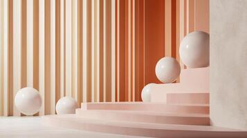Room with white and orange walls and a white ball on a platform. The room is empty and the ball is the only object in it photo