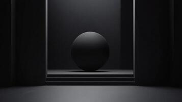 Black sphere is in the center of a dark room. The room is empty and the sphere is the only object in the scene photo