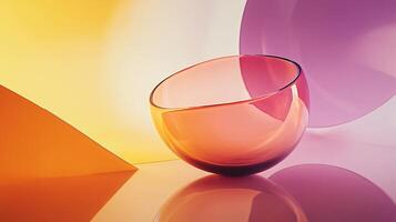 Glass bowl is sitting on a table with a colorful background. The bowl is half full and has a reflective surface. The colors of the bowl and the background create a sense of depth and dimension photo