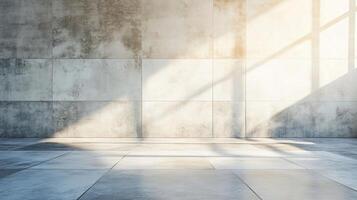 Large, empty room with a wall of concrete. The room is illuminated by sunlight coming in through a window photo