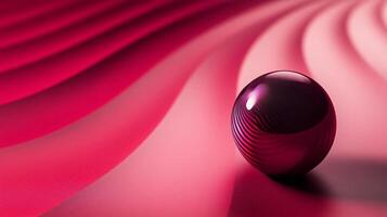 Shiny, red ball sits on a pink surface. The ball is the focal point of the image, and the pink background creates a sense of warmth and intimacy. The shiny surface of the ball reflects the light photo