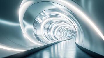 Long, narrow tunnel with a spiral shape. The tunnel is made of metal and is illuminated by lights. The tunnel appears to be empty and quiet, with no people or objects visible photo