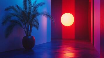 Room with a red and blue light and a plant in a black vase. The room is dimly lit and the light is creating a warm and inviting atmosphere photo
