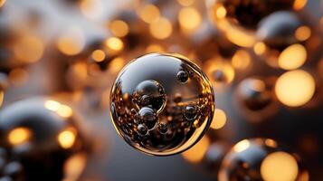 Close up of a sphere of liquid with many small bubbles surrounding it. The sphere is surrounded by a blurry background, giving the impression of a dreamy, ethereal atmosphere photo