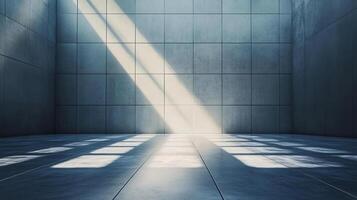 Large, empty room with a wall of concrete and a window that lets in sunlight. The room is bare and unoccupied, with no furniture or decorations photo