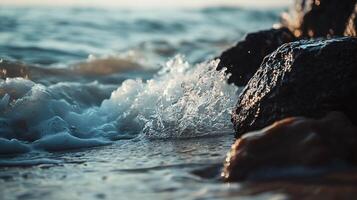 The ocean is calm and the water is splashing against the rocks. Scene is peaceful and serene, as the waves gently lap against the shore. The rocks are scattered throughout the scene, with some larger photo
