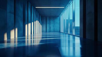 Large, empty room with blue walls and a blue floor. The room is illuminated by sunlight coming in through the windows photo