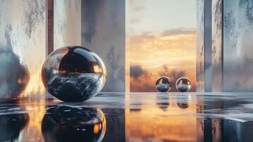 Room with three large spheres and a cloudy sky. The spheres are reflecting the light from the sun, creating a peaceful and serene atmosphere photo