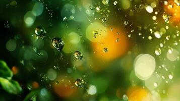 Blurry image of raindrops on a green background. The image has a dreamy, ethereal quality to it, with the raindrops creating a sense of movement and fluidity photo