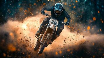 Man is riding a dirt bike through a cloud of dust. Concept of excitement and adrenaline as the rider navigates the challenging terrain photo