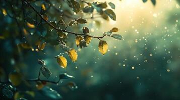 Leafy tree branch is covered in raindrops, and the sunlight is shining through the leaves, creating a beautiful and peaceful scene photo