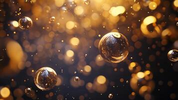 Close up of a bunch of gold colored bubbles floating in the air. The bubbles are small and shiny, and they are scattered throughout the image. Scene is one of playfulness and whimsy photo