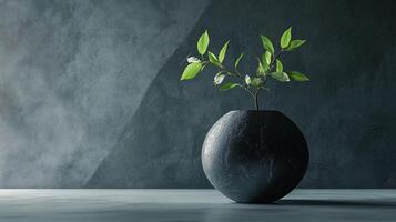 Small plant is in a black vase on a table. The vase is almost empty, and the plant is the only thing in the vase. The plant is green and he is a small tree photo