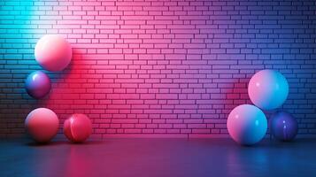 Wall with a brick background and a bunch of colorful balloons. The balloons are arranged in a way that they look like they are floating in the air. Scene is playful and fun photo