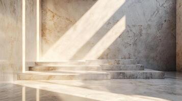 Room with a white wall and a staircase. The room is empty and the staircase is the only thing visible photo