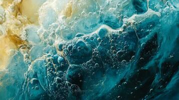 The image is of a body of water with a lot of bubbles. The bubbles are scattered throughout the water, creating a sense of movement and energy. Scene is one of excitement and playfulness photo
