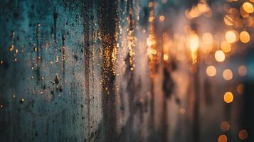 The image is a blurry, abstracted view of a city street with a lot of rain. The raindrops are creating a hazy, blurry effect on the street, and the overall mood of the image is one of melancholy photo