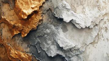Painting of a mountain with gold and white rocks. The painting has a sense of depth and texture, with the gold and white rocks creating a contrast against the white background photo