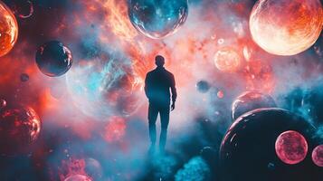 Man is walking through a space filled with colorful orbs. The orbs are of various sizes and colors, creating a sense of depth and movement. The man is the focal point of the image photo