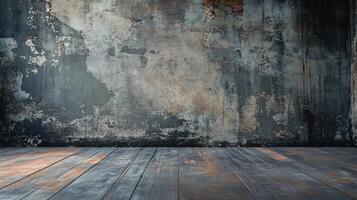 Large, empty room with a wooden floor and a wall covered in graffiti. The room has a raw, industrial feel to it, with the graffiti adding a sense of urban decay photo