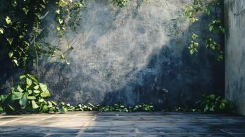 Wall covered in green vines is the main focus of the image. The wall is grey and the vines are growing on it, creating a natural and organic look. The wall appears to be empty photo